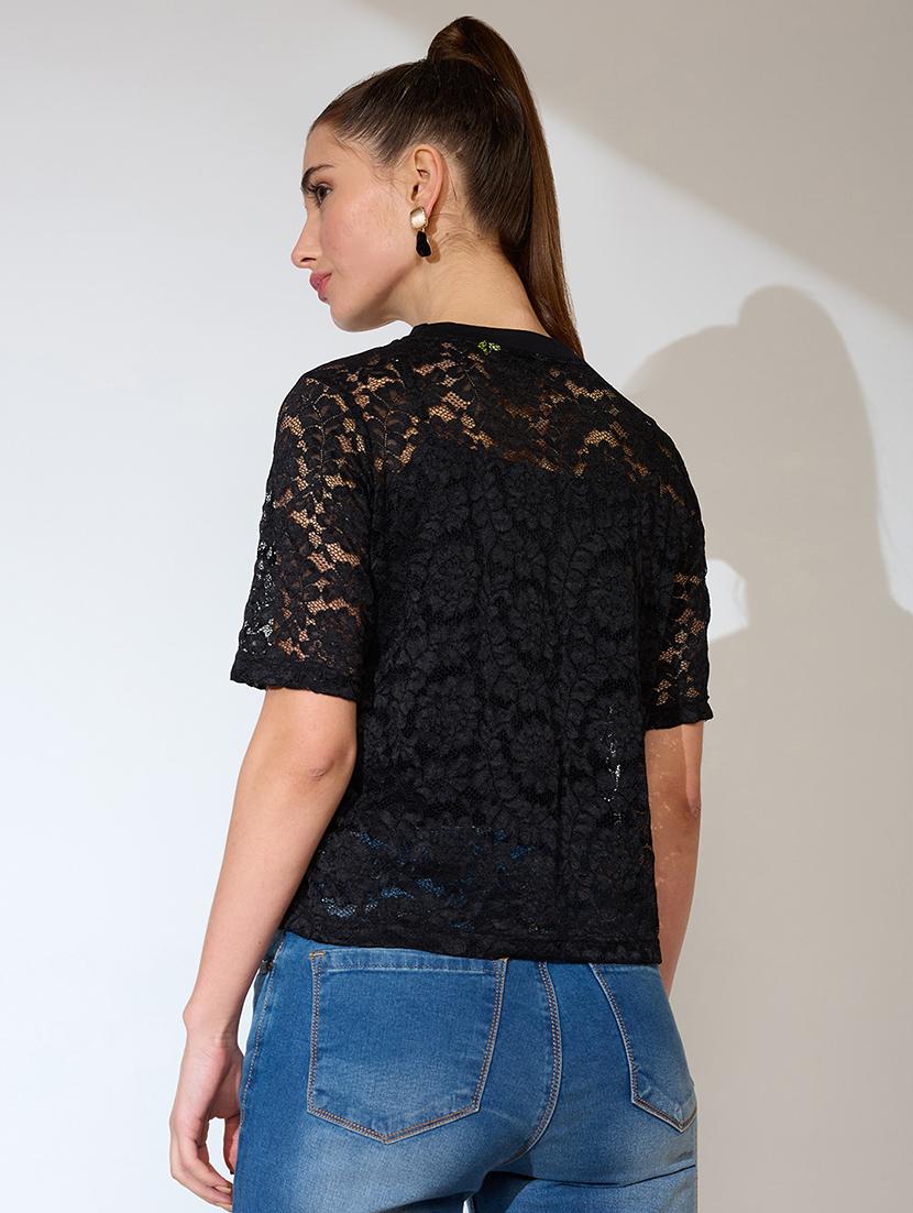globus women black round neck short sleeves floral lace party top - 21738617 - Standard Image - 2