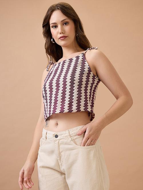 globus women maroon square neck tie-up strappy shoulder self design crochet crop top - 21738618 -  Standard Image - 0