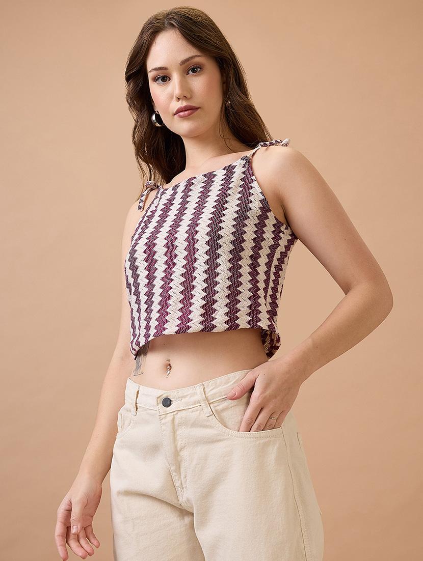 globus women maroon square neck tie-up strappy shoulder self design crochet crop top - 21738618 -  Zoom Image - 0
