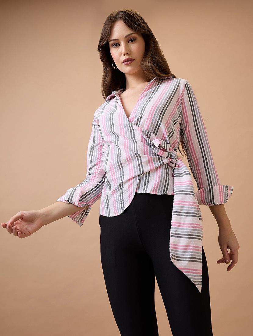 globus women multi-color vertical stripes cuffed sleeves shirt collar wrap waist tie-up workwear top - 21738621 - Zoom Image - 0
