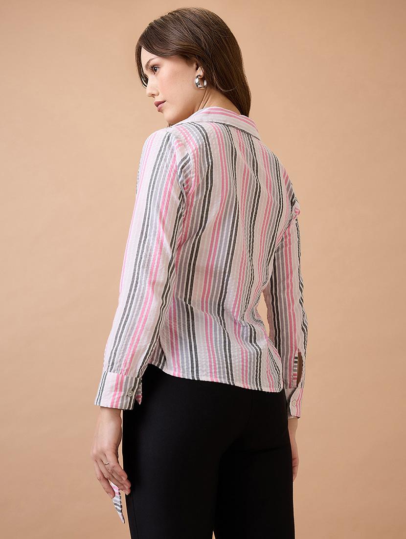 globus women multi-color vertical stripes cuffed sleeves shirt collar wrap waist tie-up workwear top - 21738621 - Standard Image - 2
