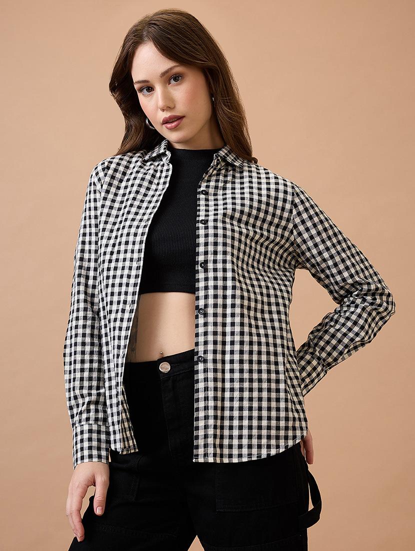 globus women black & white checked collared neck cuffed sleeves shirt style top - 21738623 -  Zoom Image - 0