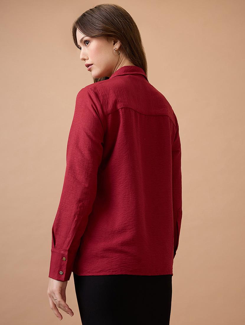 globus women maroon collared neck cuffed sleeves shirt style workwear top - 21738624 - Standard Image - 2
