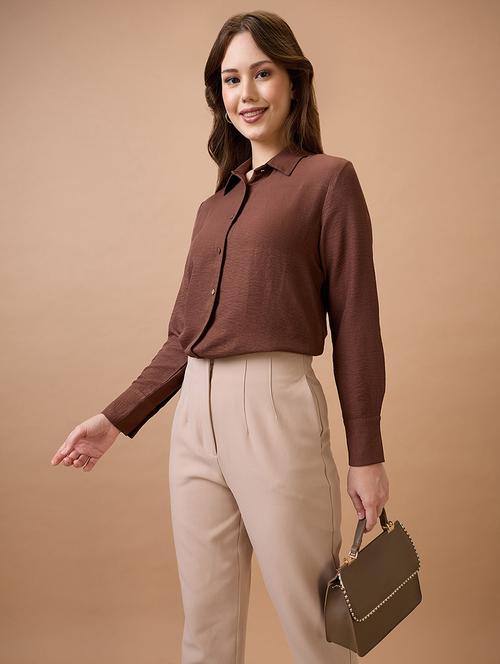 globus women brown collared neck cuffed sleeves shirt style workwear top - 21738625 -  Standard Image - 0