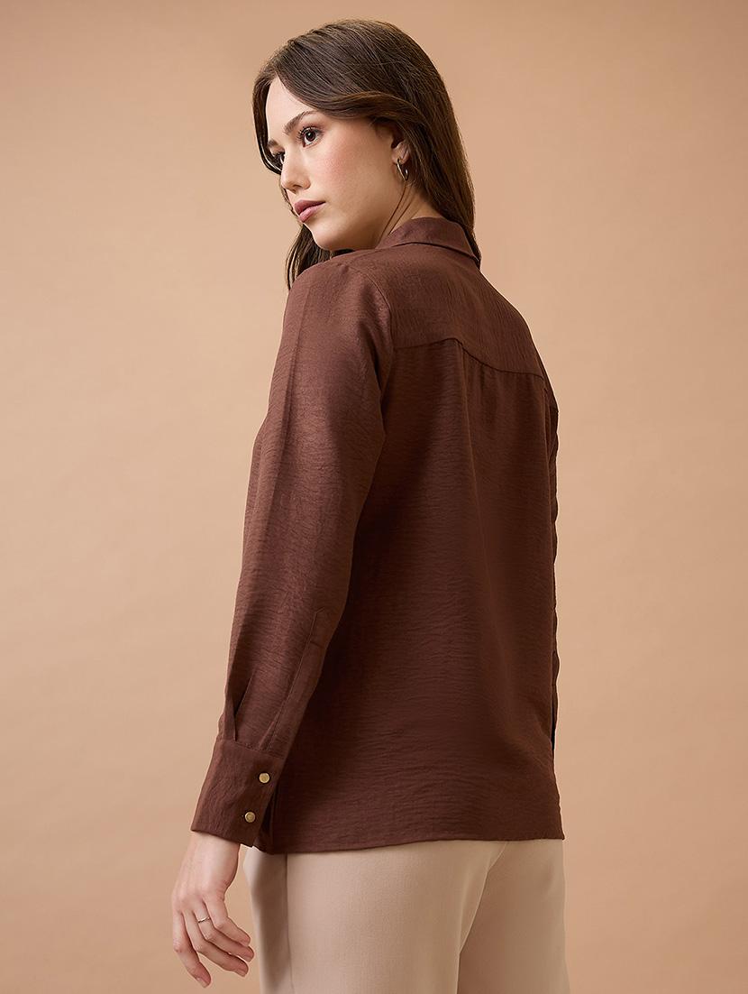 globus women brown collared neck cuffed sleeves shirt style workwear top - 21738625 - Standard Image - 2