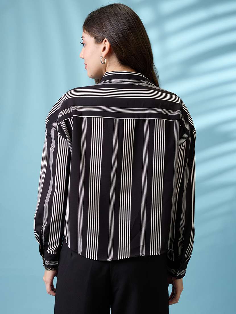 globus women black vertical & horizontal stripes collared neck cuffed sleeves oversized shirt style top - 21738627 -  Standard Image - 2