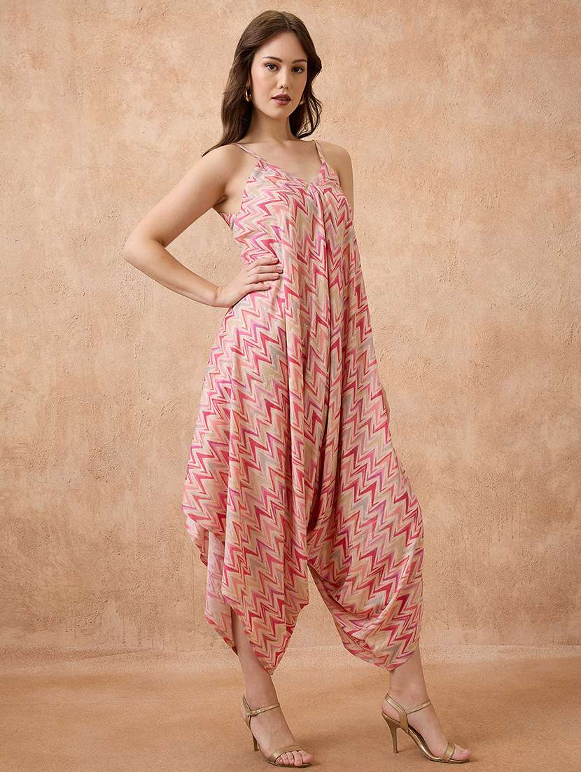 globus women multi abstract print v-neck strappy shoulder waist tie-ups harem style fusion jumpsuit