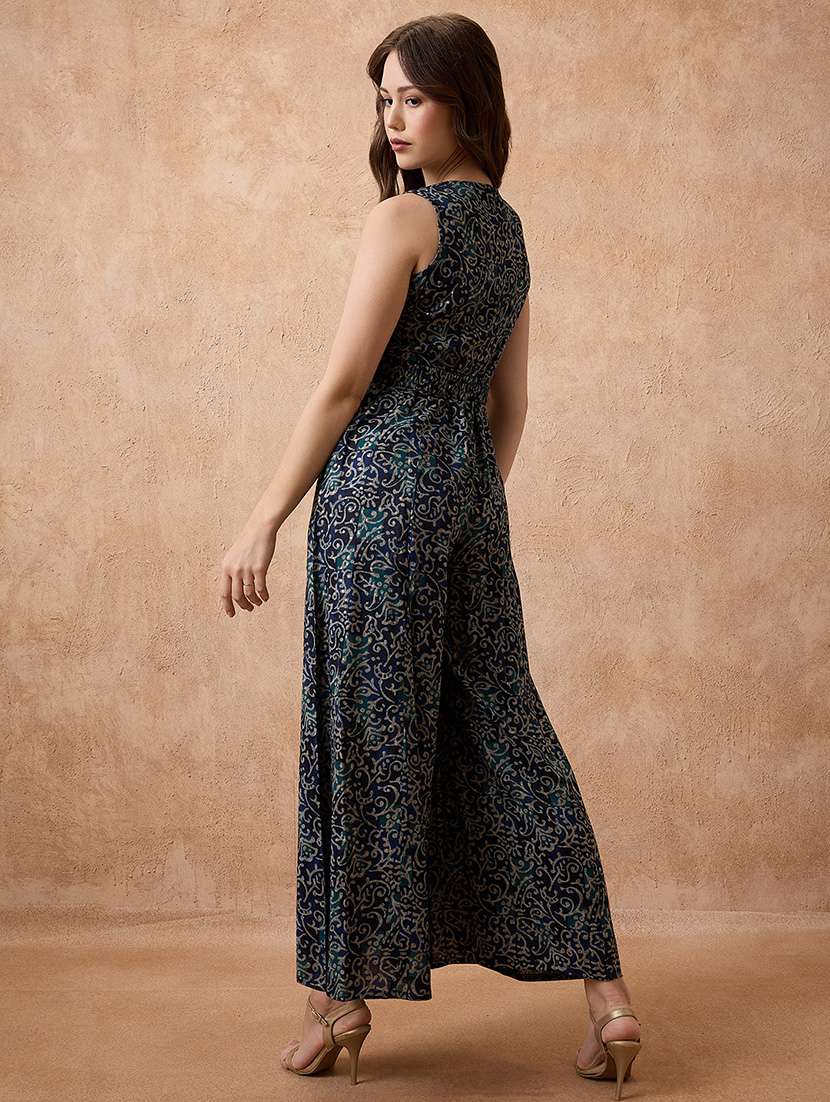 globus women blue v-neck ethnic print flared fusion jumpsuit - 21738634 -  Standard Image - 2