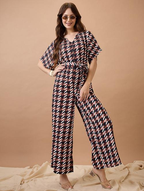 globus women brown abstract print round neck with v cut kimono sleeves waist tie-up longline jumpsuit - 21738636 - Standard Image - 0