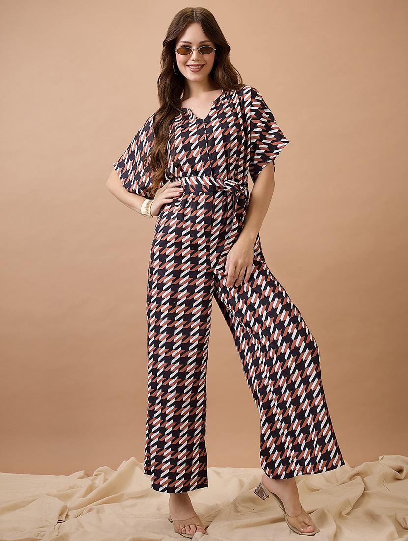 globus women brown abstract print round neck with v cut kimono sleeves waist tie-up longline jumpsuit - 21738636 - Zoom Image - 0