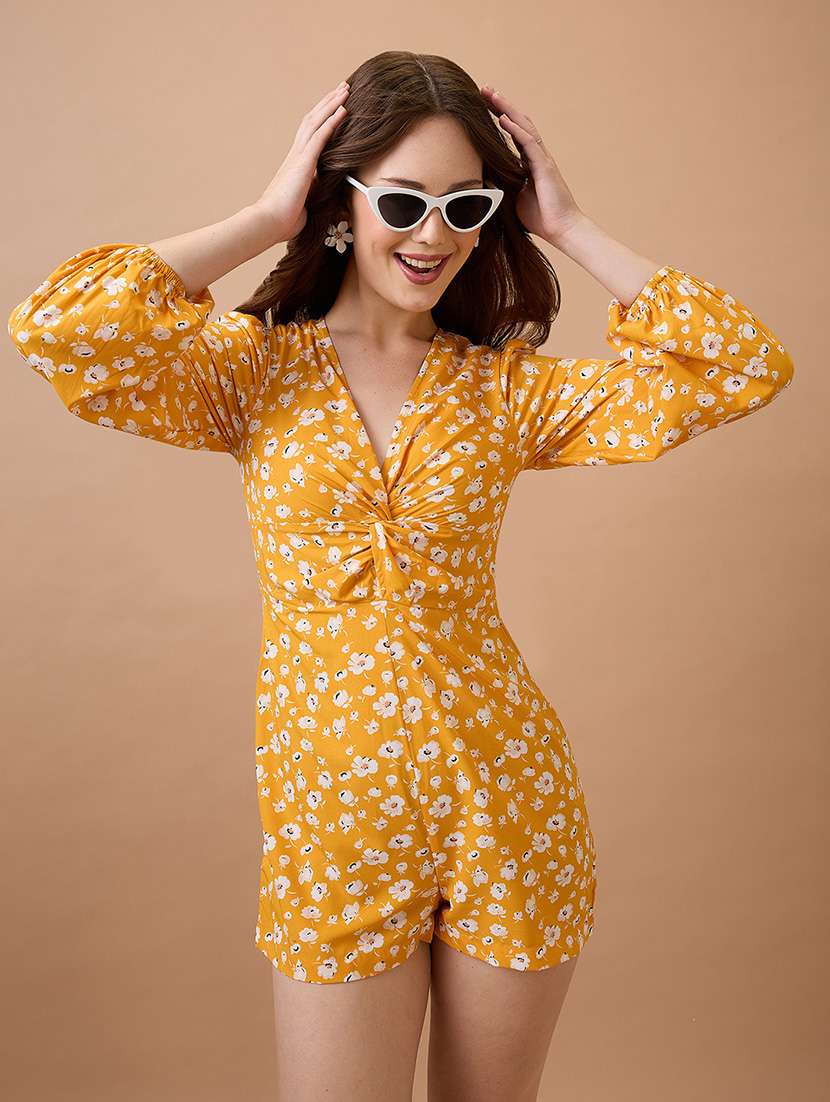 globus women yellow v-neck floral print twisted bishop sleeve playsuit