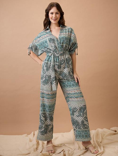 globus women green collared neck ruched extended sleeves waist tie-ups long line fusion jumpsuit - 21738639 - Standard Image - 0