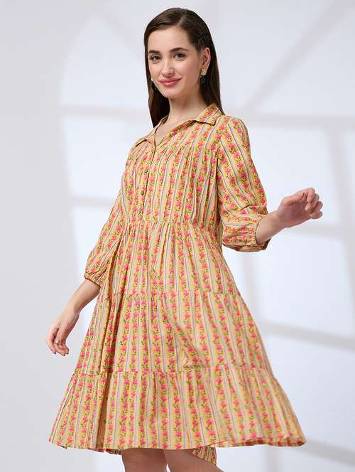 globus women yellow shirt collar regular sleeves floral print a-line tiered work wear dress - 21738641 -  Standard Image - 0