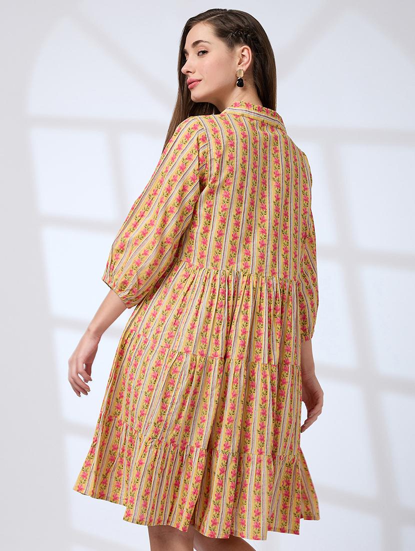 globus women yellow shirt collar regular sleeves floral print a-line tiered work wear dress - 21738641 - Standard Image - 2