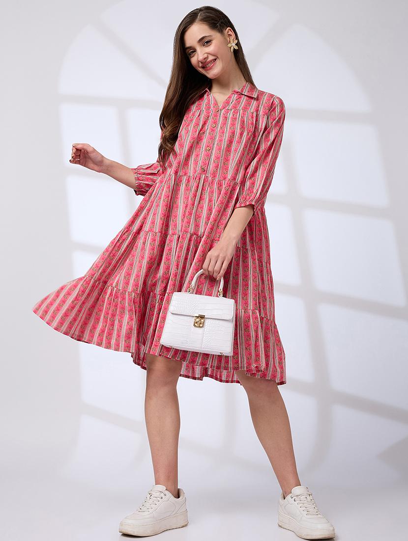 globus women pink shirt collar regular sleeves floral print a-line tiered work wear dress - 21738642 - Zoom Image - 0