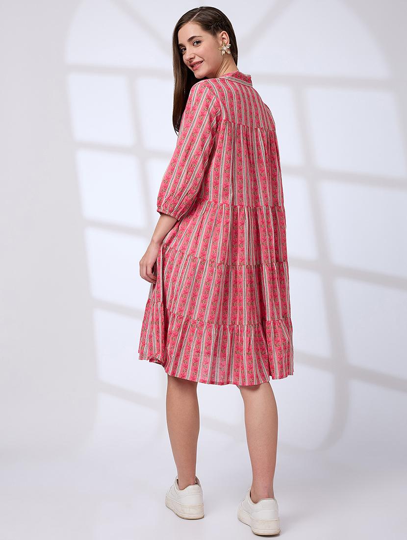 globus women pink shirt collar regular sleeves floral print a-line tiered work wear dress - 21738642 - Standard Image - 2