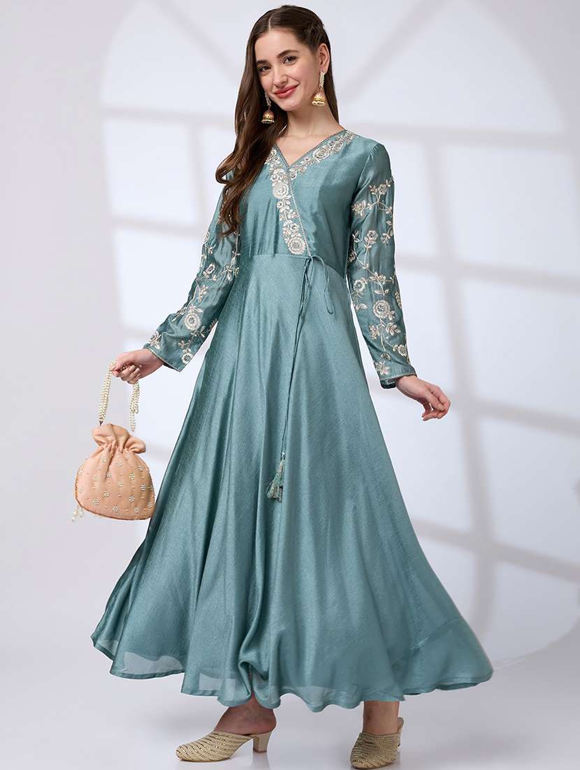 globus women sea green v-neck sequin embroidered detail tassel waist tie-ups flared hem a-line festive maxi dress
