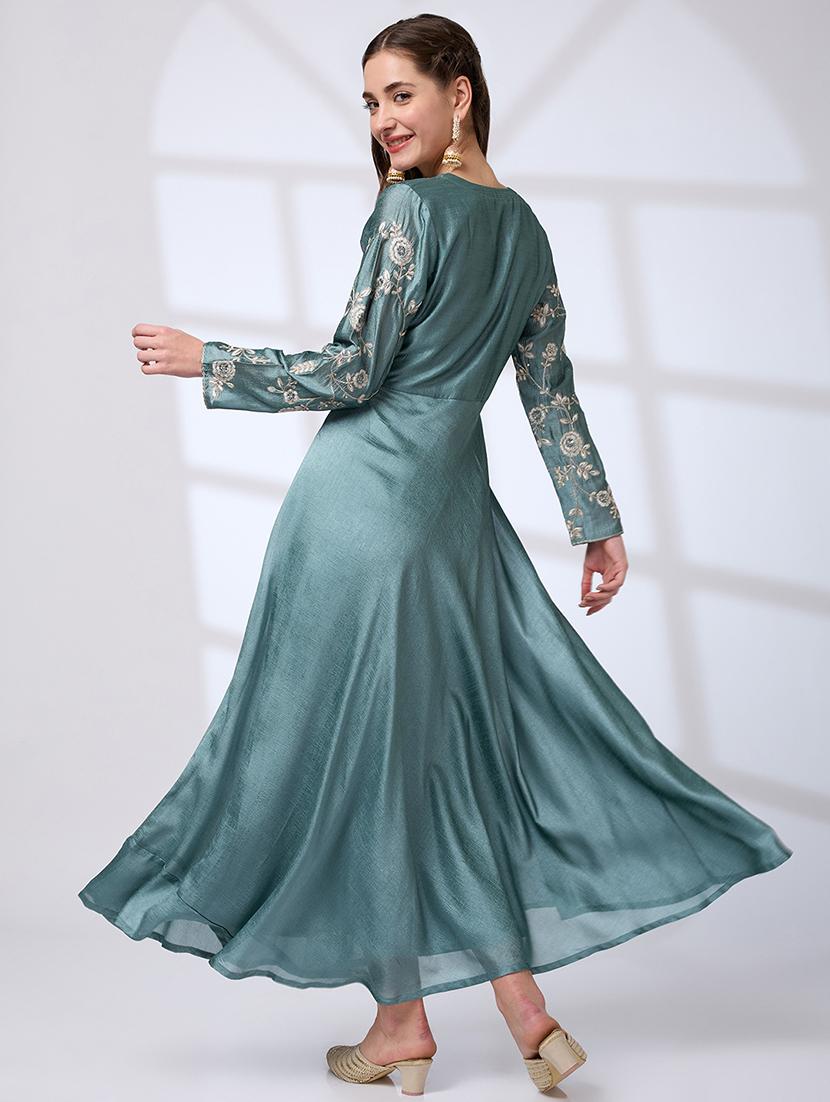 globus women sea green v-neck sequin embroidered detail tassel waist tie-ups flared hem a-line festive maxi dress - 21738645 - Standard Image - 2