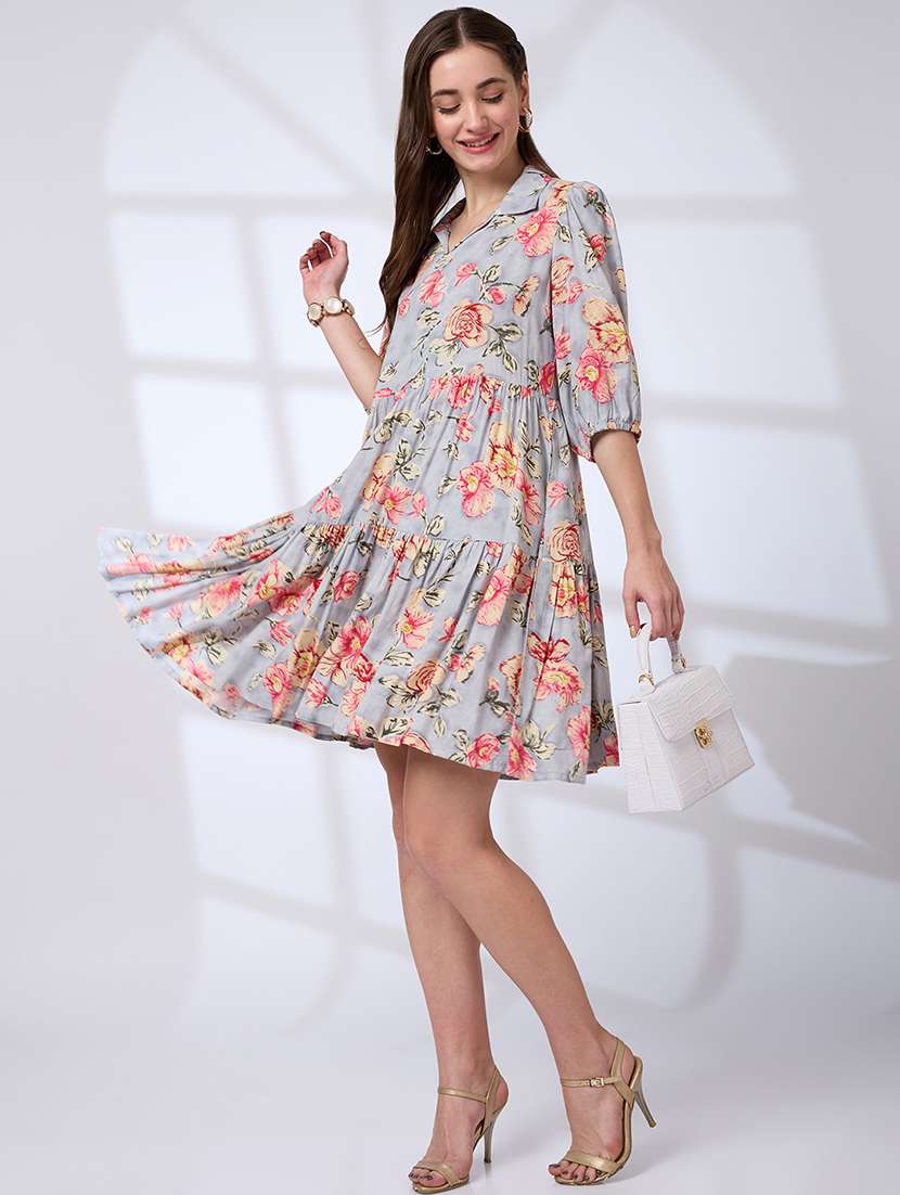 women floral three quarter sleeve tiered dress