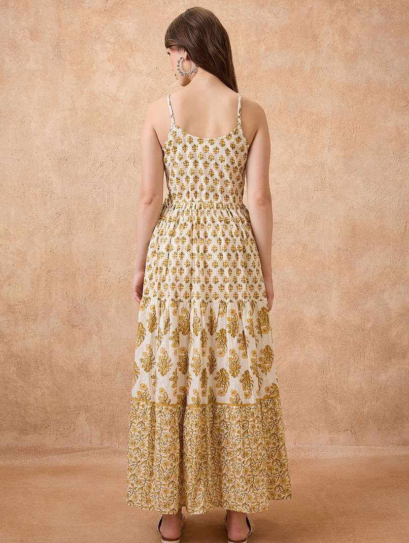 globus women yellow floral print v-neck shoulder strap fit & flared tiered maxi fusion dress - 21738647 -  Standard Image - 2