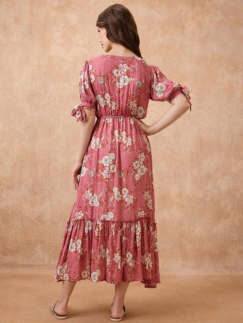 globus women pink floral print v-neck puff sleeves fit and flare midi tiered fusion dress - 21738649 - Standard Image - 2
