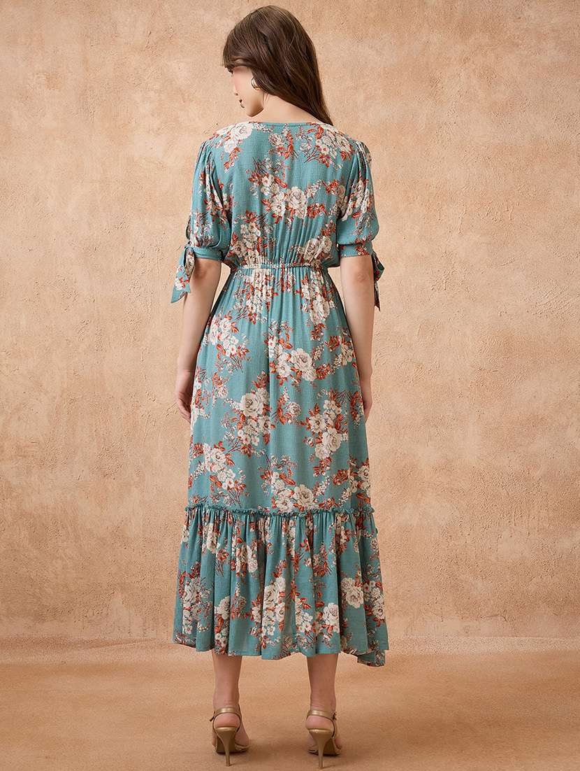 globus women blue floral print v-neck puff sleeves fit and flare midi tiered fusion dress - 21738650 -  Standard Image - 2