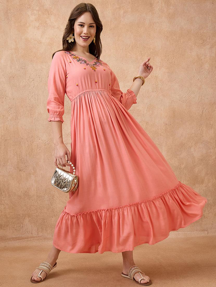 globus women peach v-neck floral embroidered yoke fit and flare tiered maxi fusion dress