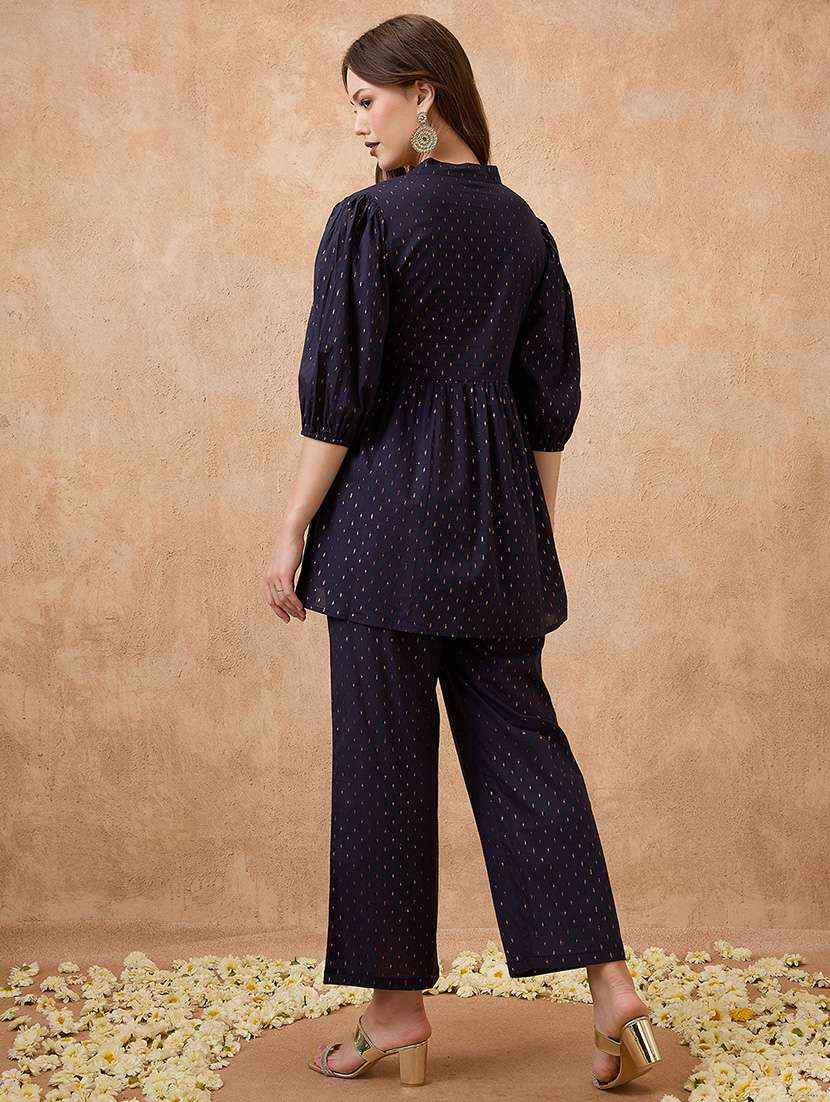 globus women navy blue v-neck bishop sleeve woven design tunic with wide leg pants festive co-ord set - 21738661 -  Standard Image - 2