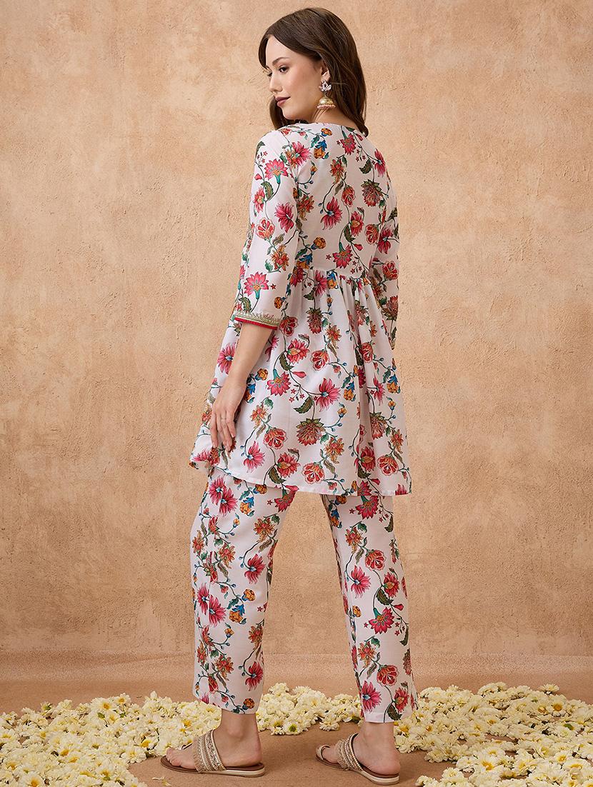 globus women white v-neck gotta patti floral print tunic with wide leg pants festive co-ord set - 21738663 - Standard Image - 2
