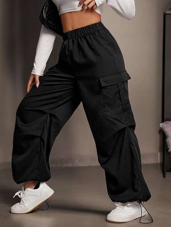 women solid high rise parachute pants