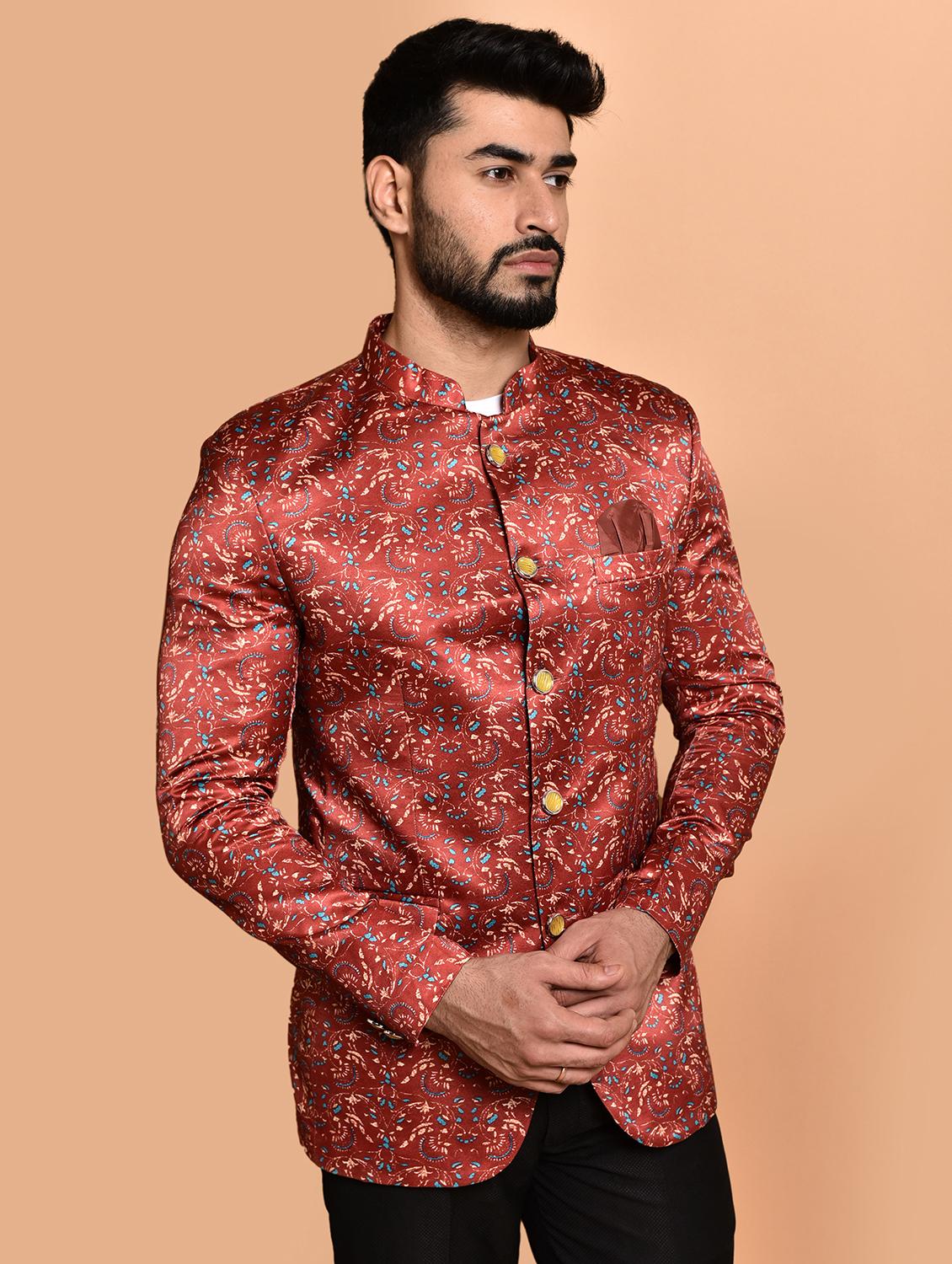 men printed mandarin collar casual blazer - 21740106 - Standard Image - 2