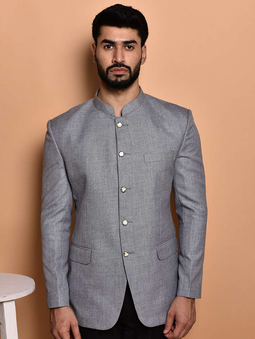 men solid mandarin neck casual blazer