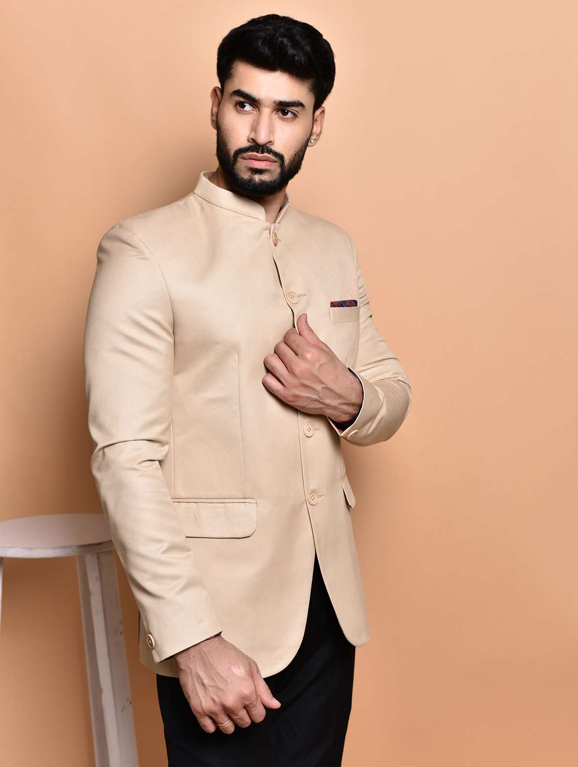 men solid mandarin neck casual blazer - 21740152 -  Standard Image - 2