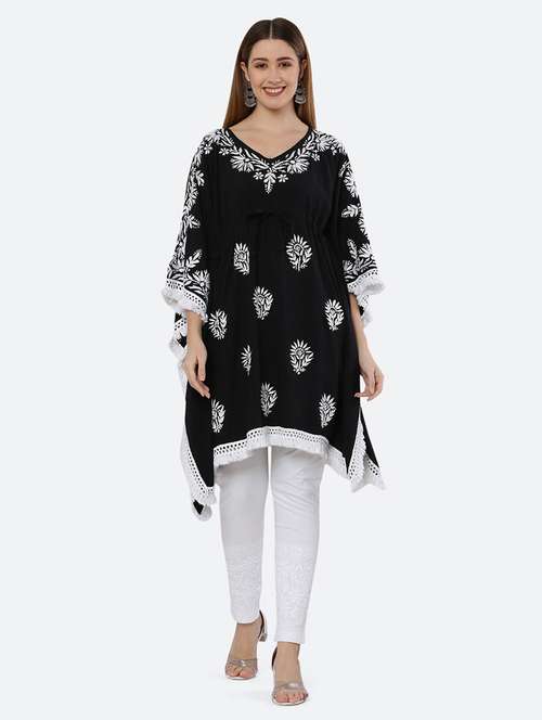 women chikankari work v neck kaftan kurta - 21740252 -  Standard Image - 0