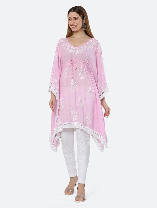 women chikankari work v neck kaftan kurta - 21740257 -  Standard Image - 0