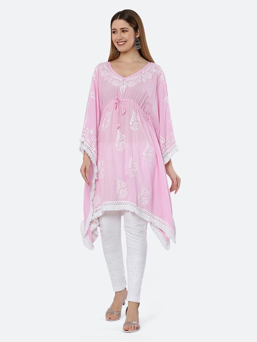 women chikankari work v neck kaftan kurta - 21740257 -  Zoom Image - 0