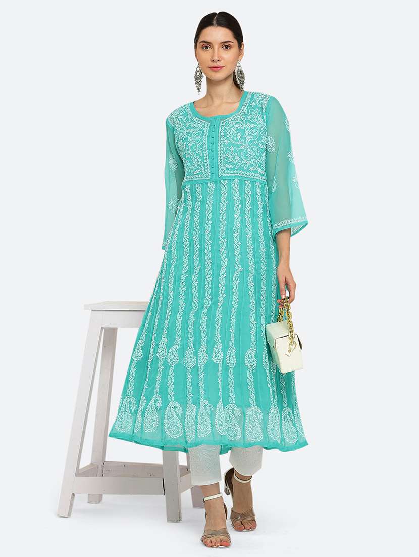 women chikankari work round neck anarkali kurta
