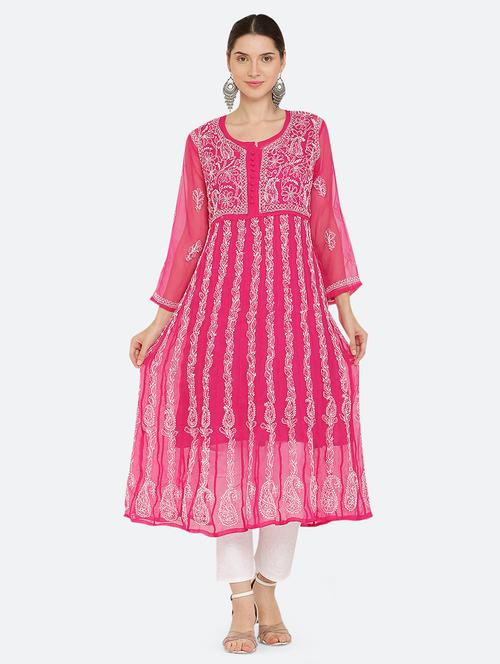 women chikankari embroidered round neck anarkali kurta - 21740261 -  Standard Image - 0