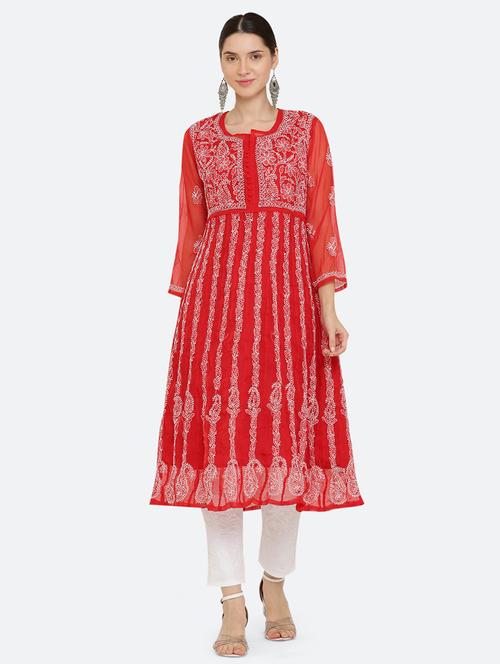 women chikankari embroidered round neck anarkali kurta - 21740262 - Standard Image - 0