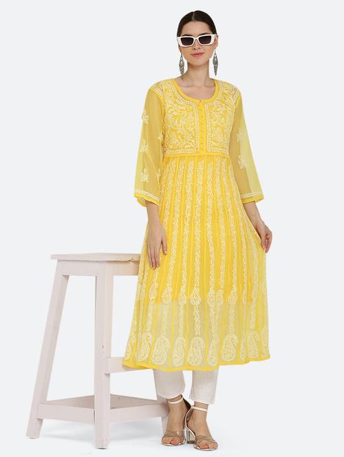 women chikankari work round neck anarkali kurta - 21740264 -  Standard Image - 0