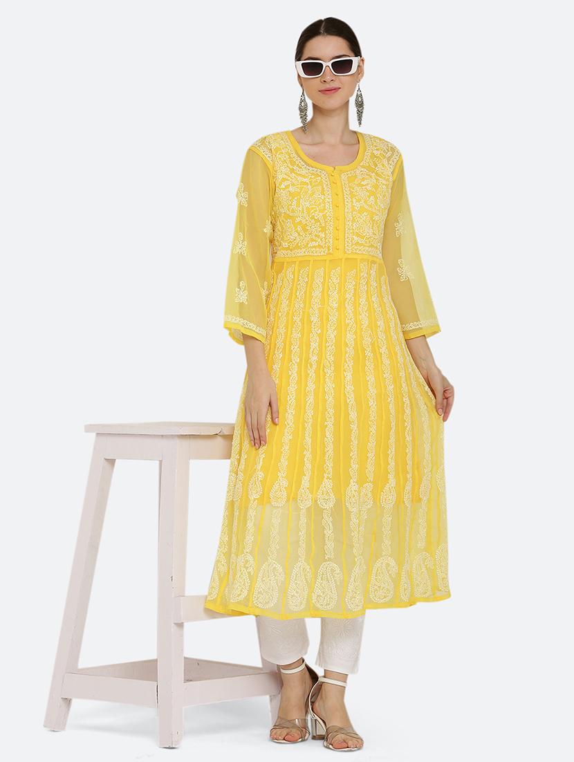 women chikankari work round neck anarkali kurta - 21740264 -  Zoom Image - 0
