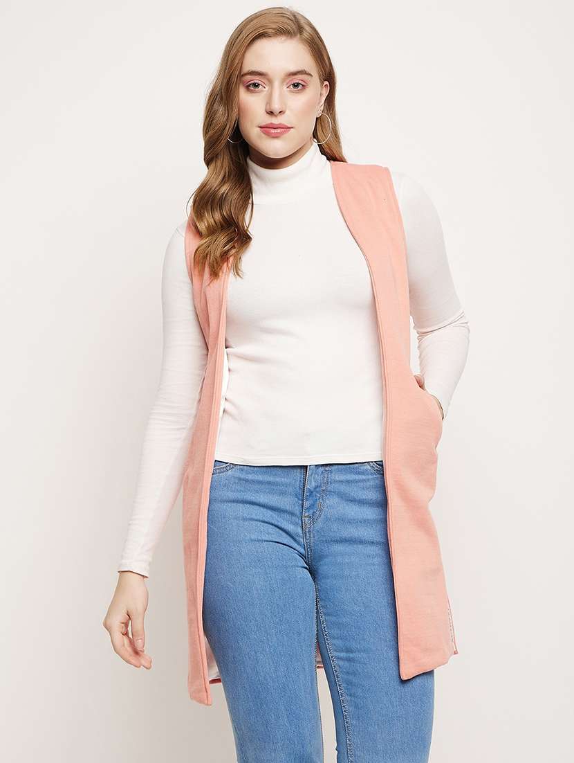 women solid sleeveless long shrug 