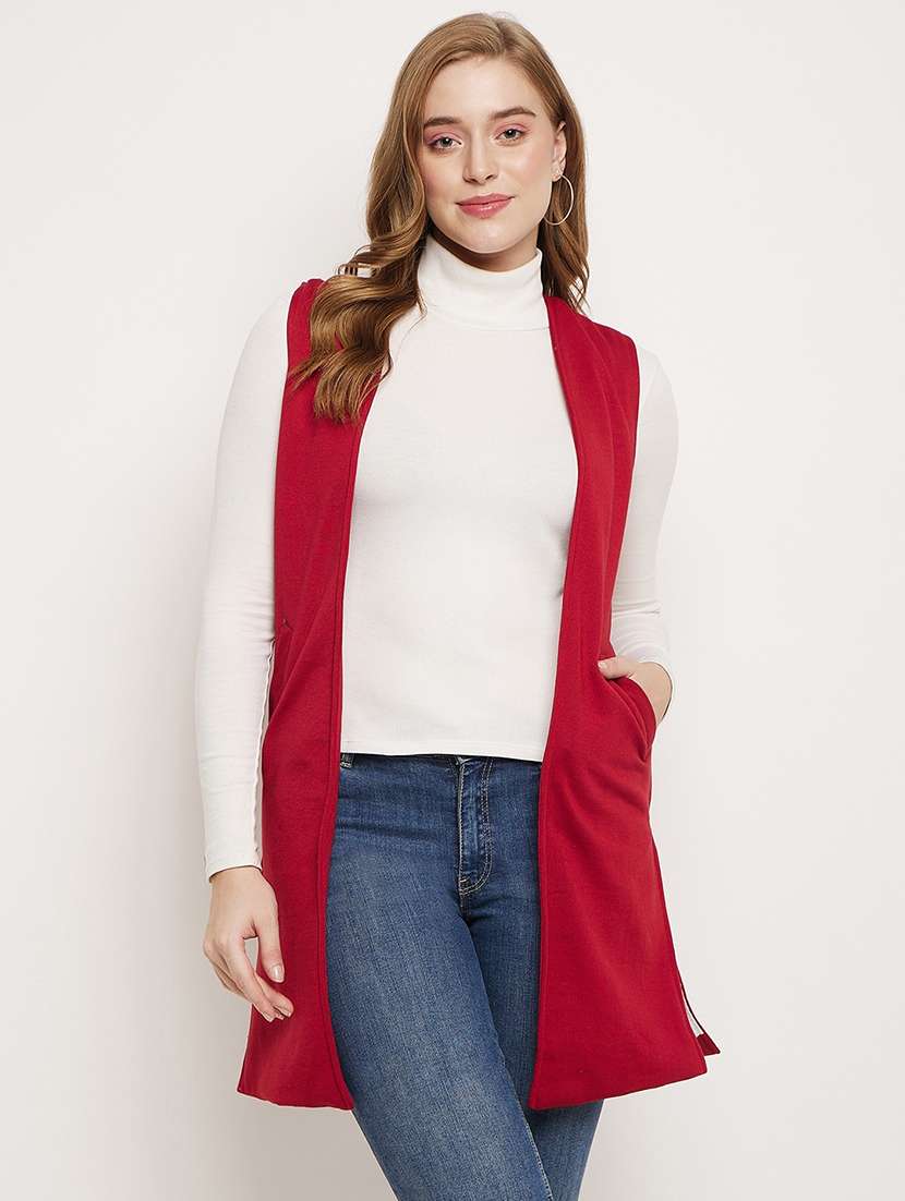 women solid sleeveless long shrug 