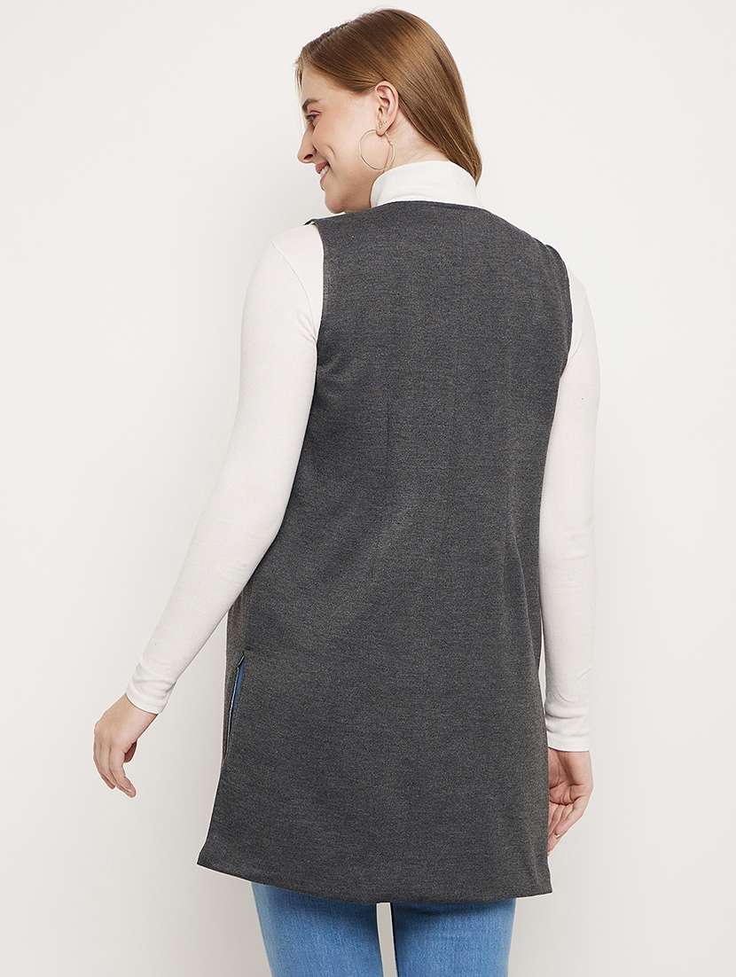 women solid sleeveless long shrug - 21740387 - Standard Image - 2
