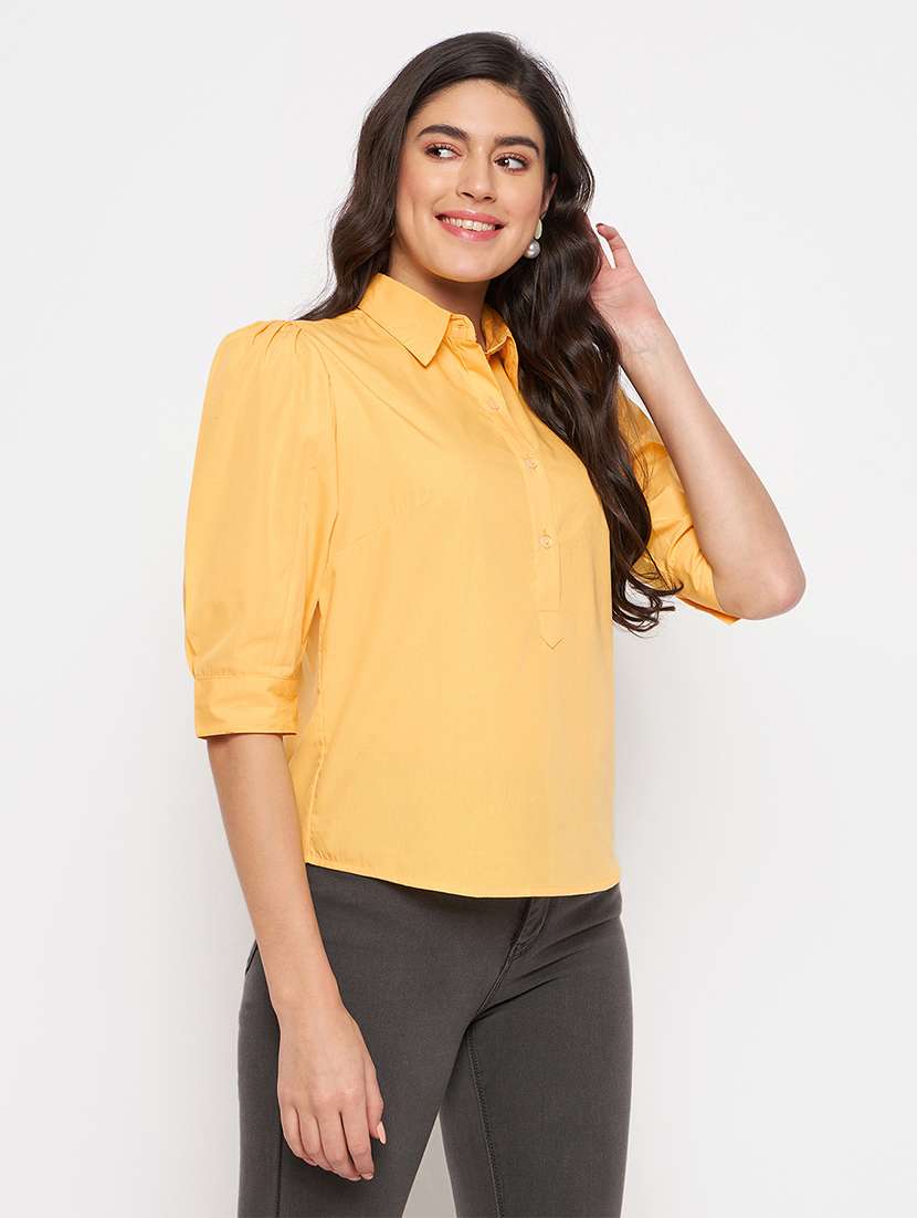 women solid collared puff sleeves shirt top - 21740435 -  Standard Image - 2