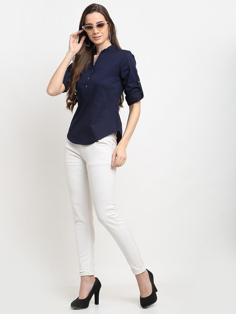women solid roll up sleeves regular top - 21740437 - Standard Image - 2