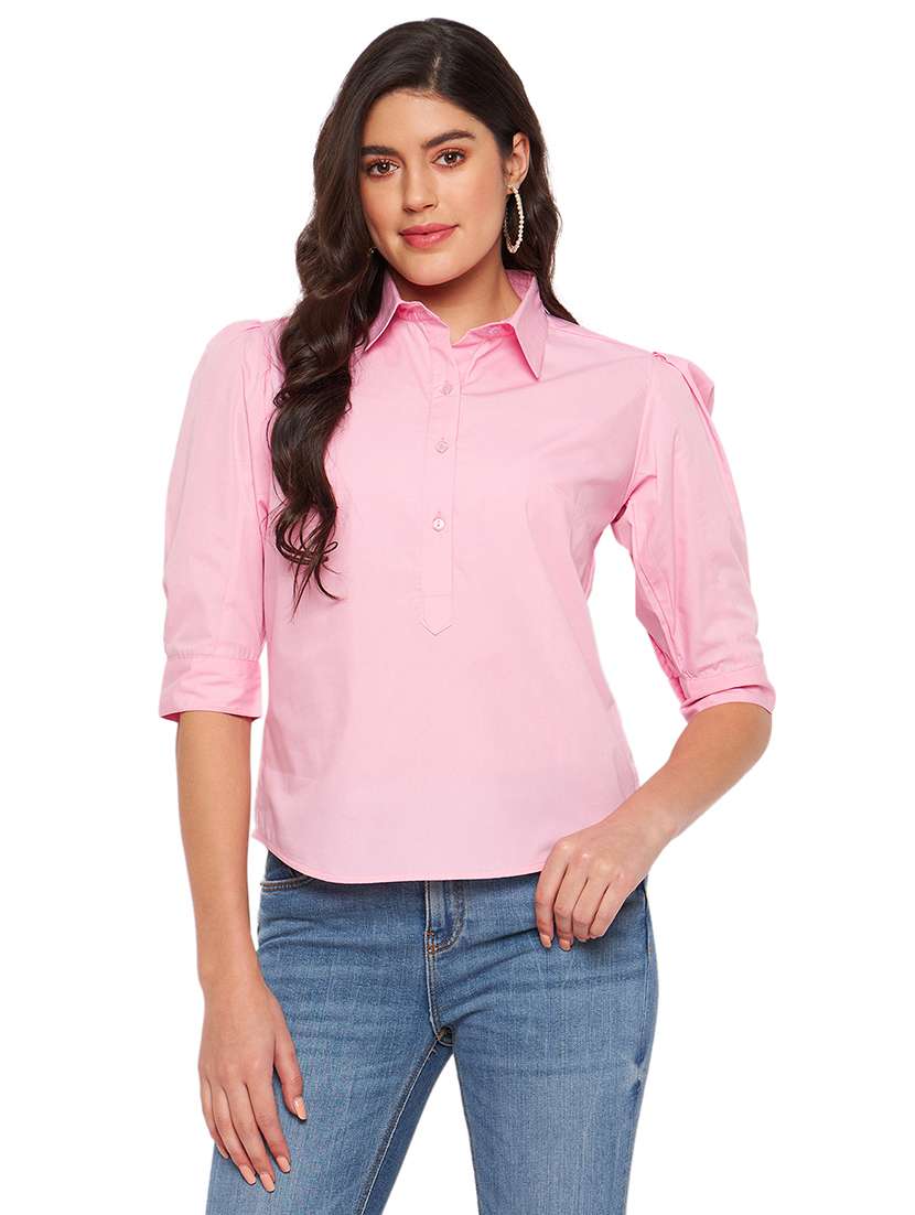 women solid collared puff sleeves shirt top