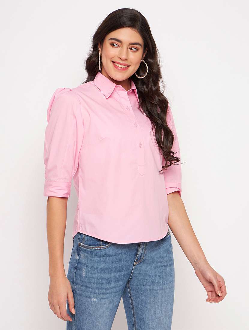 women solid collared puff sleeves shirt top - 21740441 -  Standard Image - 2
