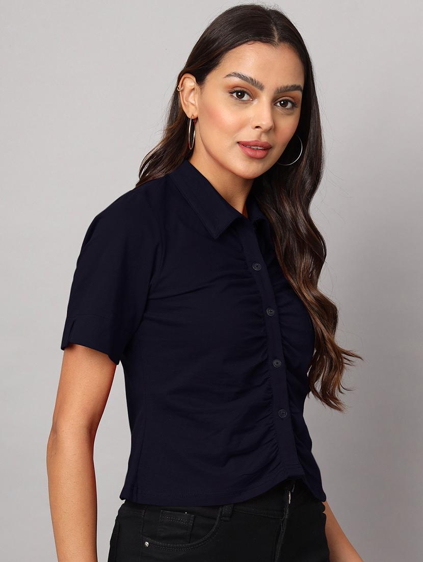 women solid collared shirt sleeves crop shirt - 21740446 - Standard Image - 2