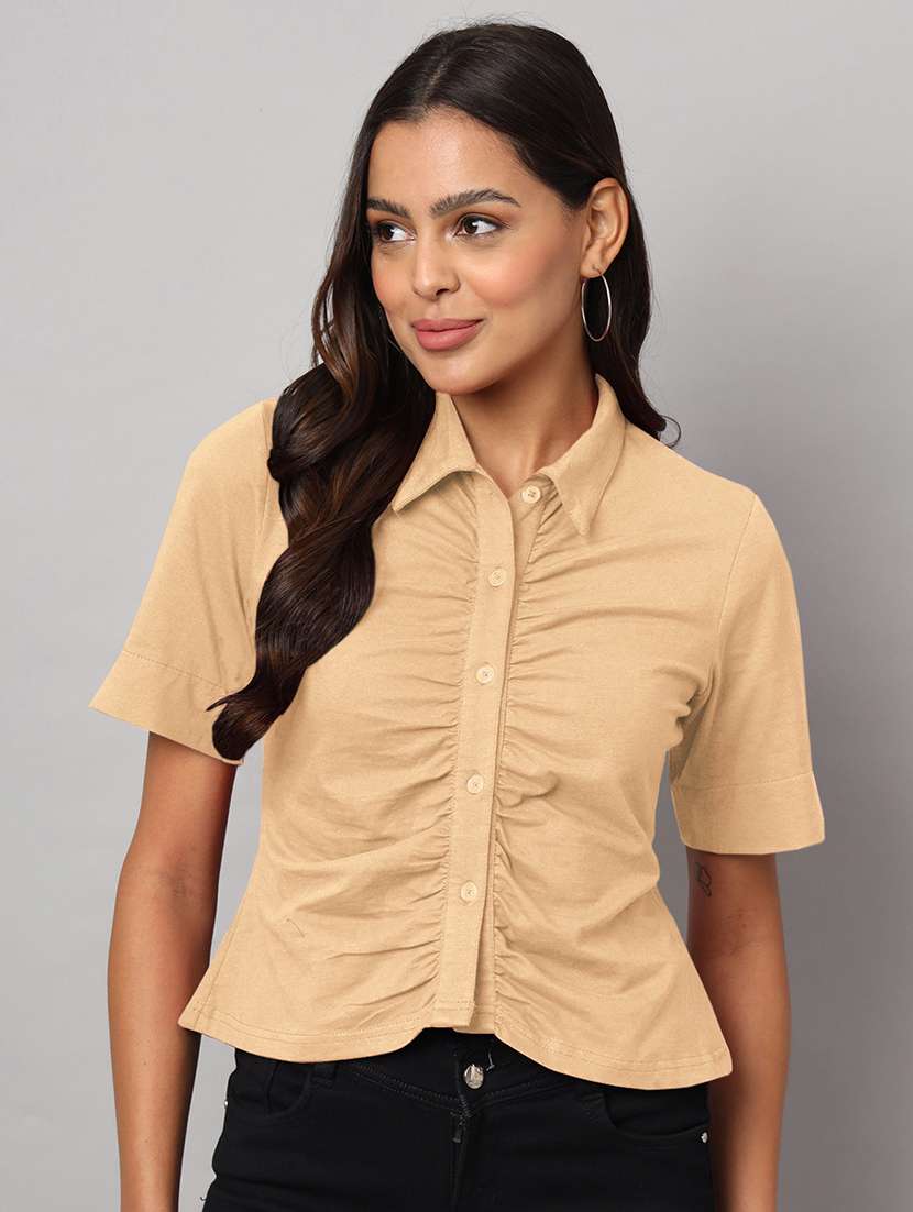 women solid collared shirt sleeves crop shirt - 21740447 - Zoom Image - 0